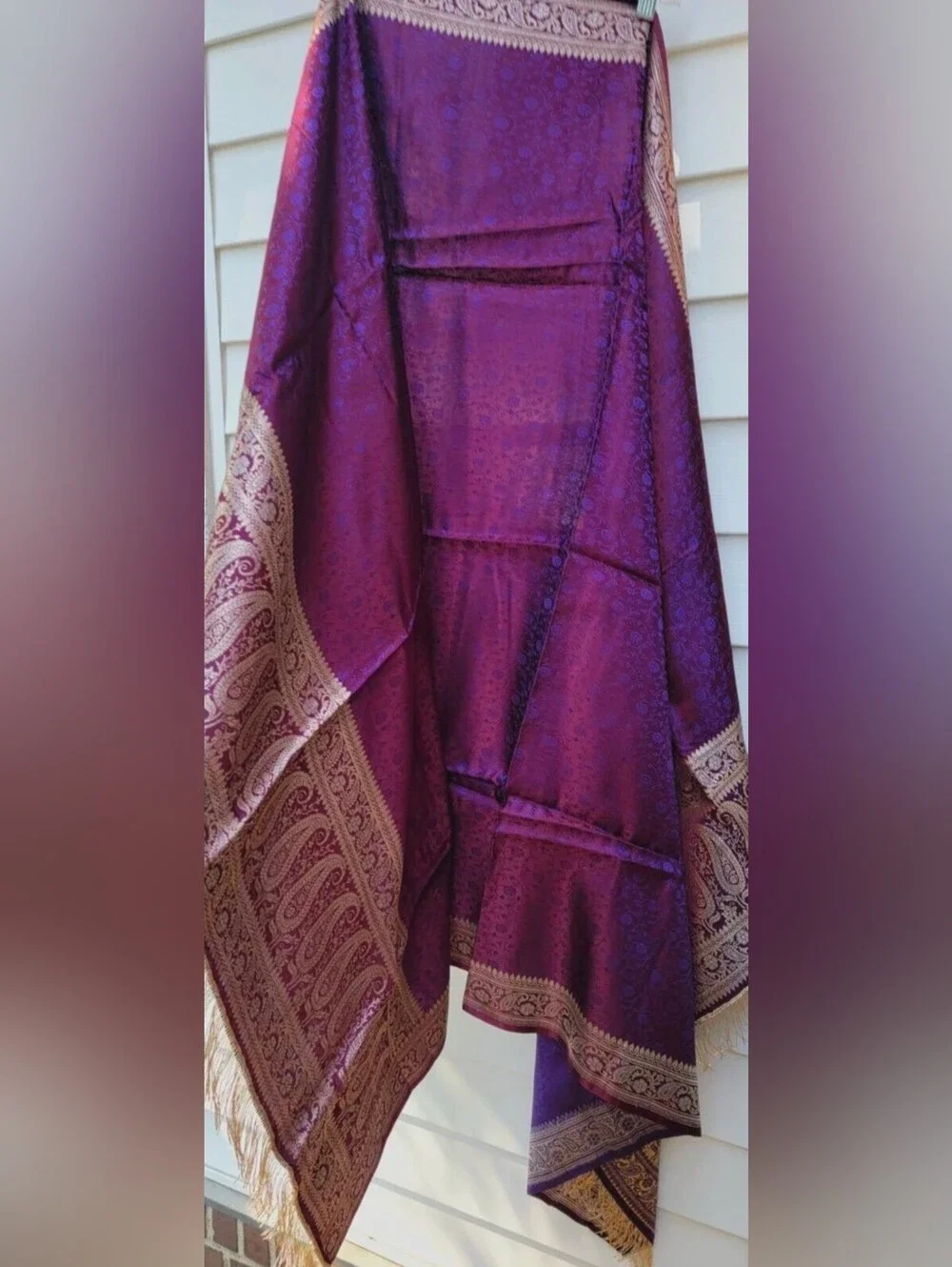 New J.Peterman shawl wrap purple mauve gold-tone shimmer rayon fringes $250
